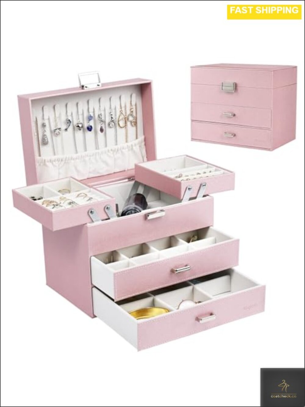 Large 4-Layer PU Leather Jewelry Organizer Box with 2 Drawers Velvet Lining